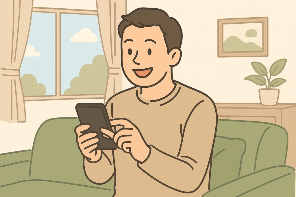リビングでスマホからオンライン診療を受ける男性