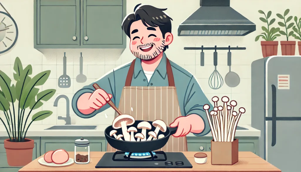 キノコ料理をつくる男性